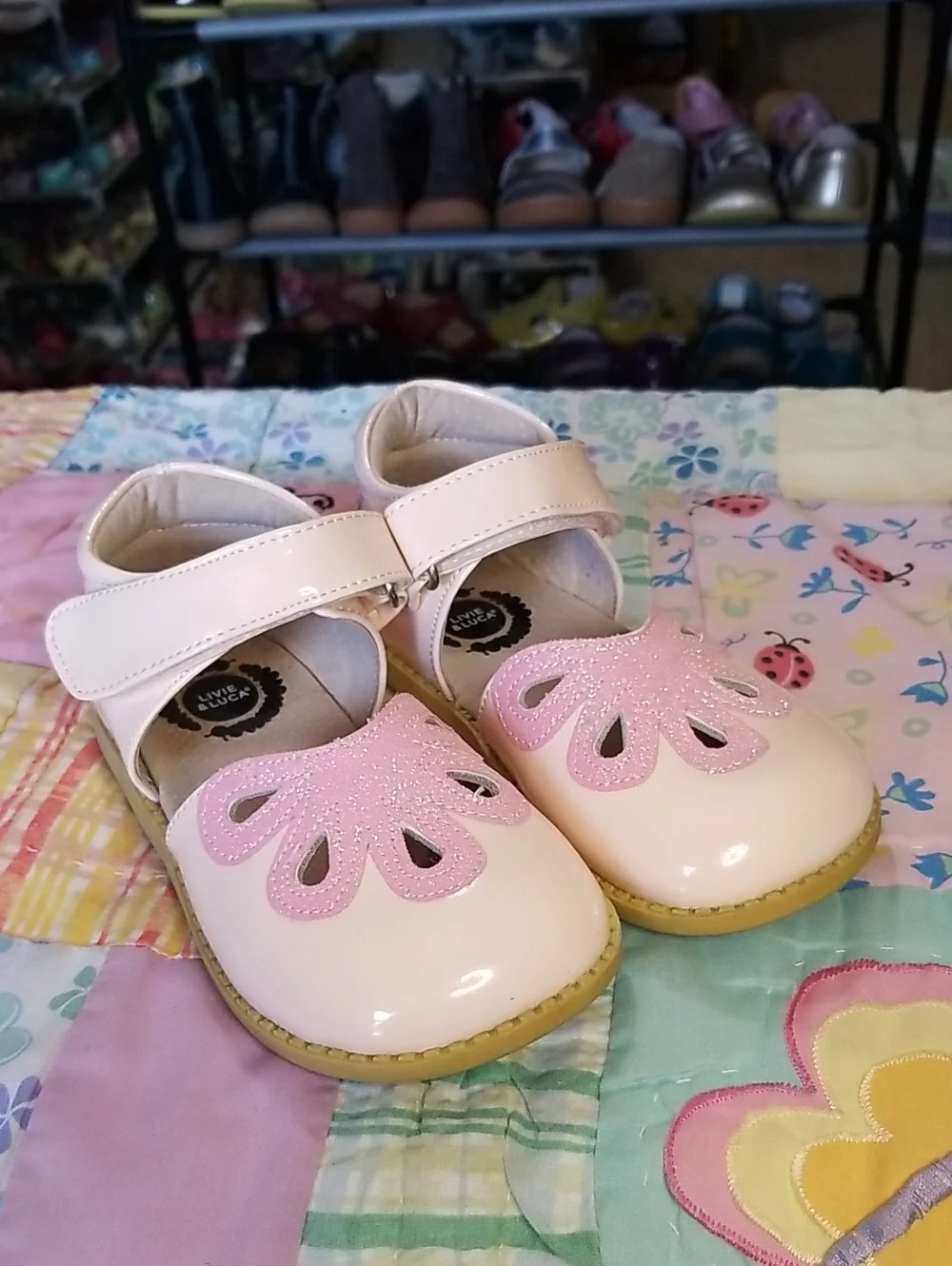 Livie & Luca Blush Patent Leather Mary Janes with Pink Glitter Size 11 Petals